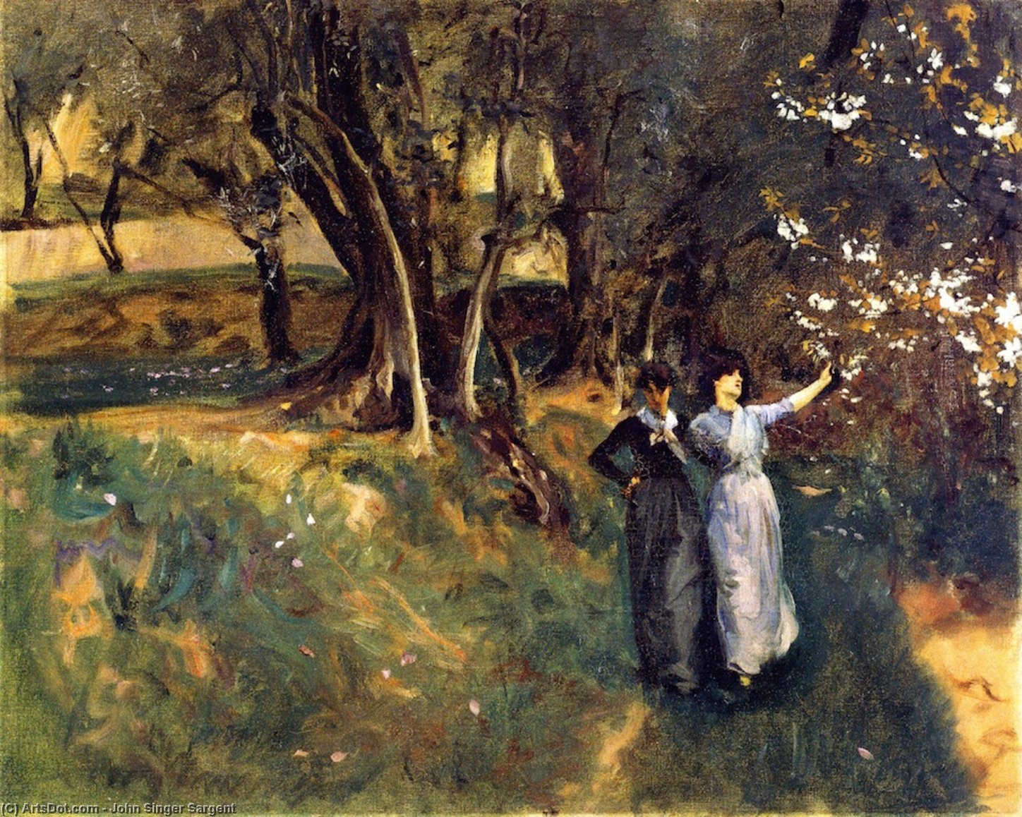 Landscape With Women In The Foreground — John Singer Sargent, Oil On Canvas, Impressionistic Landscape