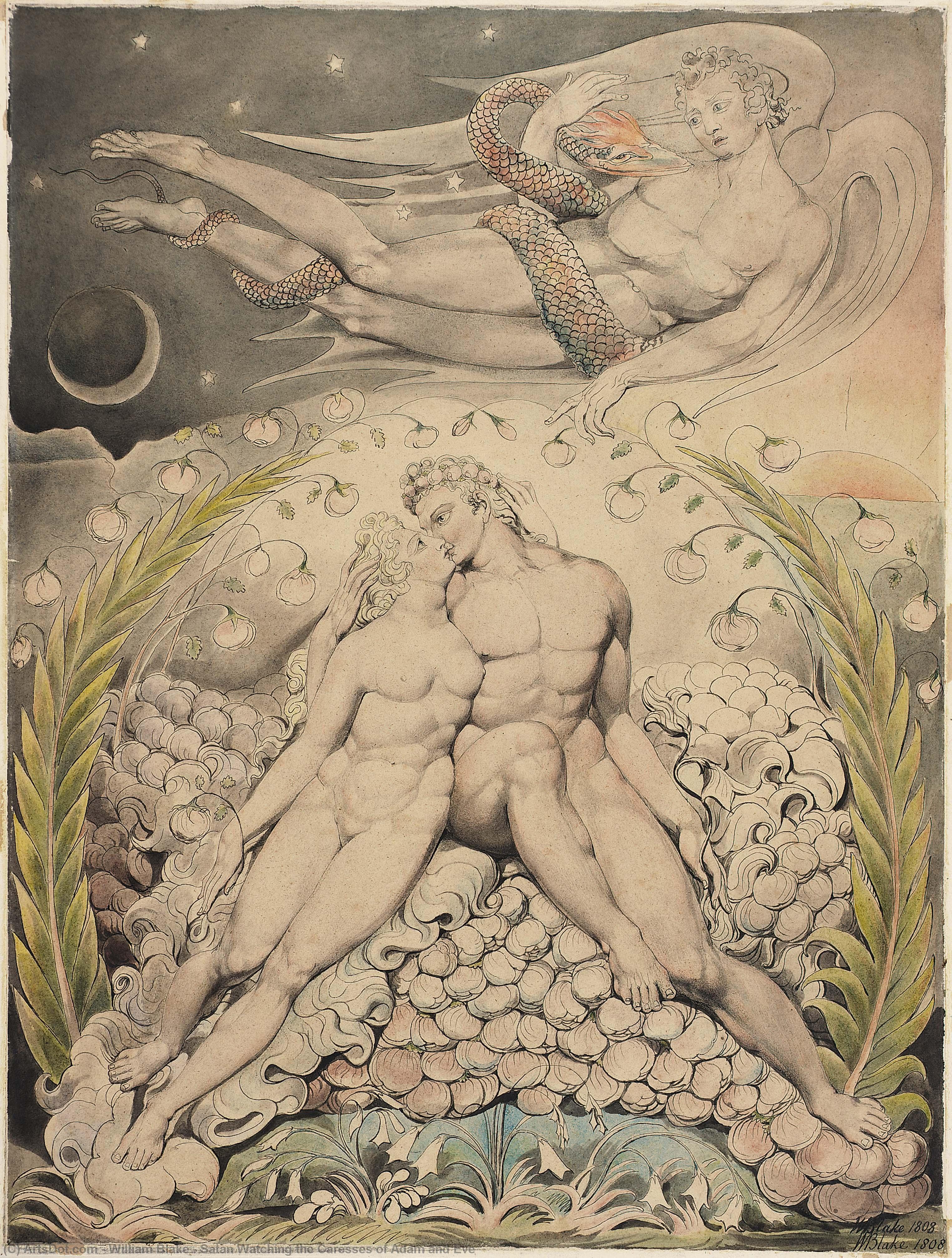 Satan Watching The Caresses Of Adam And Eve — William Blake, Akvarell, Romanticism