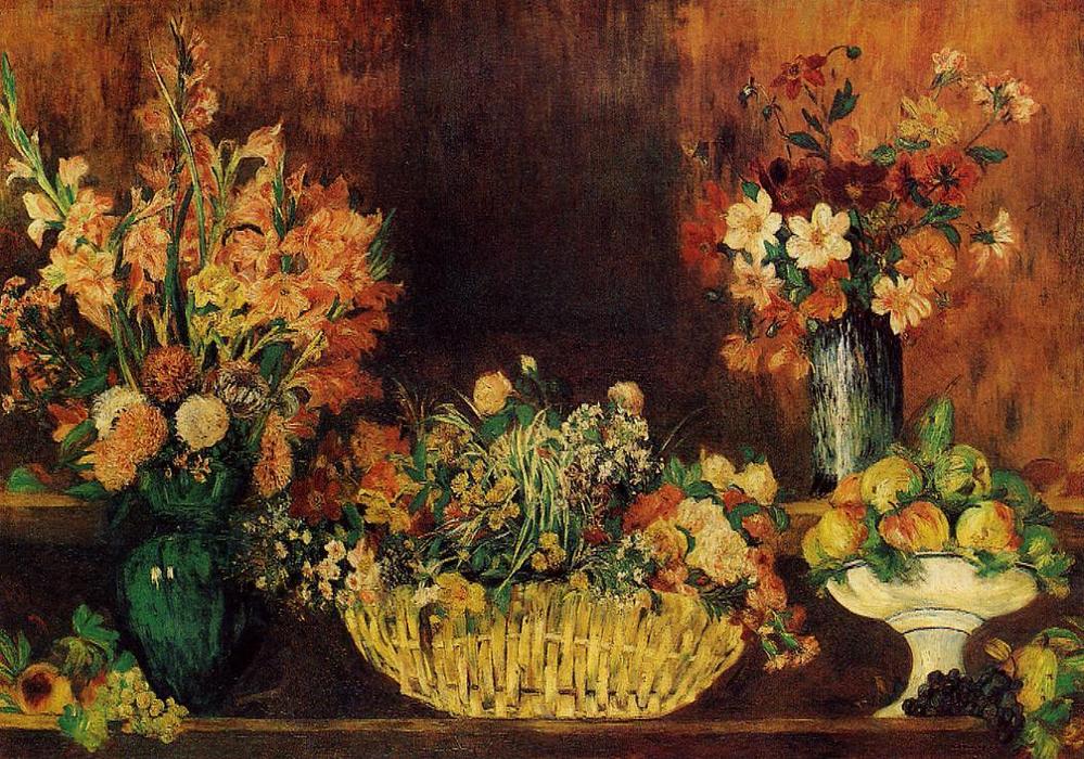 Vase, Basket Of Flowers And Fruit — أوجين رينوار, أكريليك على كانفاس, Impressionism