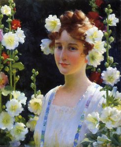 Among The Hollyhocks — Charles Courtney Curran