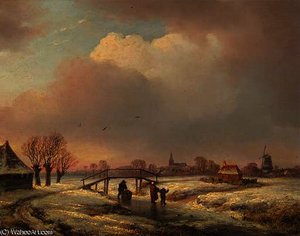 A Winter Landscape With Figures On A Frozen Waterway — Andreas Schelfhout