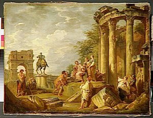 Ruines D'architecture Avec L'arc De Janus, Le Temple De Vesta Et La Statue Equestre De Marc Aurele — Giovanni Paolo Panini