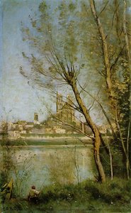 Mantes, View Of The Cathedral And Town Through The Trees — Jean-baptiste-camille Corot