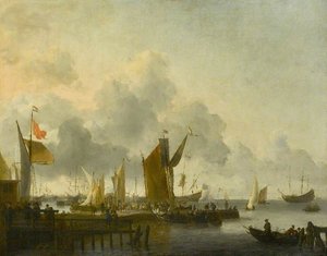 A Dutch Harbour With Numerous Figures, A Man Of War Firing A Salute Beyond — Ludolf Backhuysen I