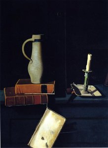 Jug, Books And Candle On A Cupboard Shelf — John Frederick Peto