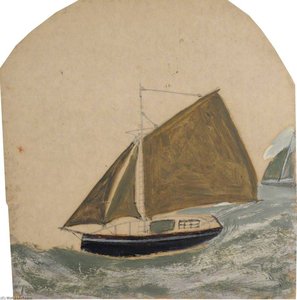 Two Ships With Brown Green Sails In Rising Sea — Alfred Wallis