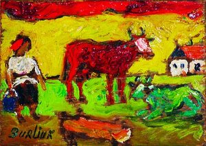 Peasant Woman With Red And Green Cows — David Davidovich Burliuk