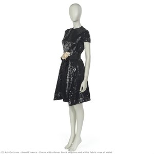 Dress With Allover Black Sequins And White Fabric Rose At Waist — Arnold Isaacs