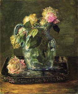 Roses In Blue Crackle Glass Pitcher — John La Farge