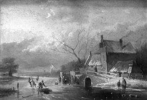 Peasants Skating And Conversing By A Koek En Zoopie On A Frozen River — Jan Evert Morel