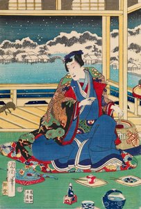Genji Viewing Snow From A Balcony — Toyohara Kunichika
