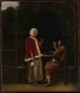 A Woman And Two Men In An Arbor — Pieter De Hooch