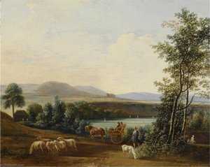 An Extensive Hilly Landscape With A Horse Drawn Carriage With Elegant — Gerrit Adriaenszoon Berckheyde