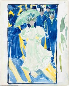 Night Scene With Two Women With Parasols And A Crowd Of Men In Top Hats — Maurice Brazil Prendergast