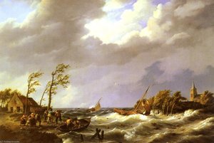 Dutch Fishing Vessel Caught On A Lee Shore With Villagers — Johannes Hermanus Koekkoek