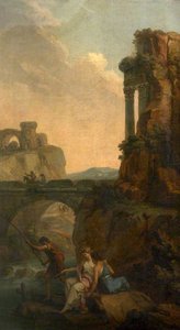 Landscape With A Bridge And Ruins With Peasants Fishing (a Set Of Six Decorative Wall Panels) — Αντόνιο Ζούκι