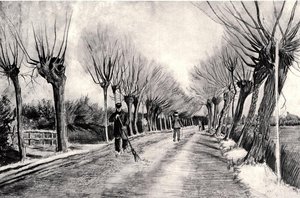 Road With Pollard Willows And Man With Broom — Vincent Van Gogh