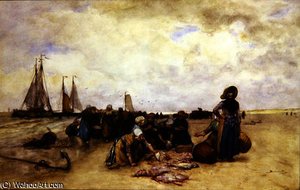 Fish Sale On The Beach — Bernardus Johannes (bernard) Blommers