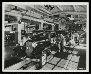 Final Assembly Of 1932 Ford Model 18 V-8 Automobiles, Ford Rouge Plant, Dearborn, Michigan — Ford Motor Company. Photographic Department