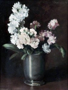 Pink And White Stocks In A Pewter Vase — Gerard Chowne