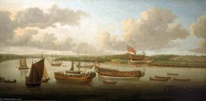 Launch Of A Fourth Rate On The River Orwell — John Cleveley The Elder