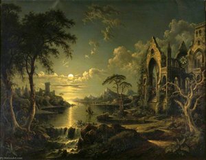 A Ruined Gothic Church Beside A River By Moonlight — Sebastian Pether