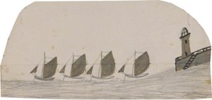 Four Sailing Boats Leaving Pier With Lighthouse — Alfred Wallis