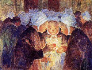 Three Breton Girls Lighting Their Candles Before The Procession — Ferdinand Du Puigaudeau