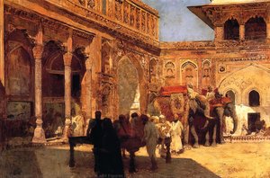 Elephants And Figures In A Courtyard, Fort Agra — エドウィン・ロード・ウィークス