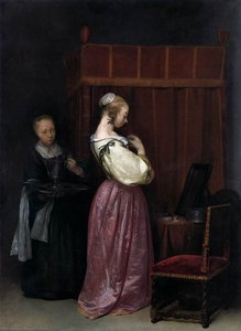 Young Woman At Her Toilet With A Maid — Gerard Ter Borch