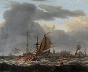 A Warship At Anchor In A Rough Sea — Ludolf Backhuysen I