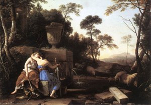 Landscape With Peace And Justice Embracing — Laurent De La Hyre