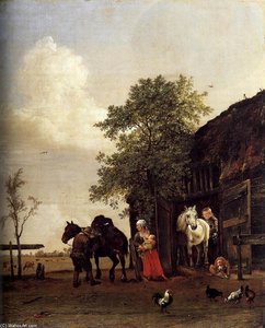 Figures With Horses By A Stable — Paulus Potter