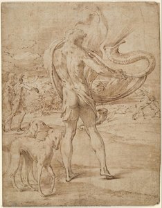 Huntsmen Sounding His Horn With A Staghunt In The Distance — Parmigianino