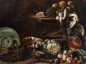 Great Kitchen Still Life With Vegetables, Plate, Trash, Dead Poultry And Uvade — Giuseppe Recco