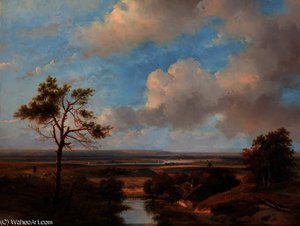 A Panoramic Dune Landscape In The Vicinity Of Haarlem With Villagers Conversing By A Barn In The Foreground — Andreas Schelfhout