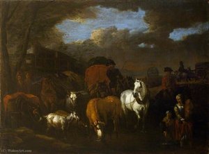 A Figure, Animals And Wagons Crossing A Stream — Pieter Van Bloemen
