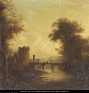 A Ruined Abbey And Bridge In A River Landscape With A Town Beyond — James Stark