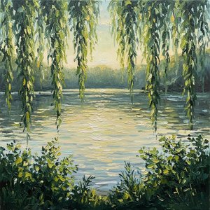 Velo Luminoso Di Salice Su Una Serena E Meditativa Superficie D'acqua Verdeggiante — Christian Noiret