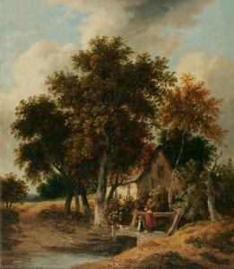 Footbridge Over A Stream, With A Woman, Child And Dog — James Stark