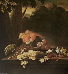 English Fruit On A Stone Table In Front Of A Wooded Hilly Landscape — After Adriaen Coorte