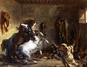 Chevaux Arabes Se Battant Dans Une Écurie — Eugène Delacroix