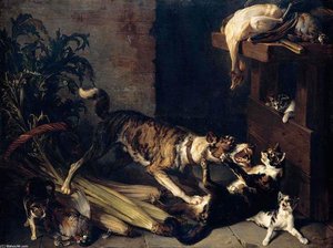 A Dog And A Cat Fighting In A Kitchen Interior — Alexandre François Desportes