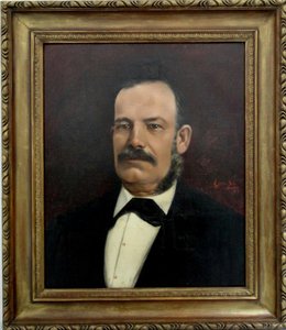 Front Portrait, Hair, Mustache And Whole Gray Sideburns. He Wears A Black Jacket And Bow Tie, A White Shirt. Dark Red Background. Signature In Red Eugenia Belin Sarmiento / 1889 On The Left Shoulder. — Eugenia Belín Sarmiento