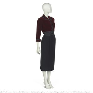 Suit Comprising Long Bolero Jacket In Garnet Silk Velvet And Skirt In Black Wool Poplin — Norman David Levinson