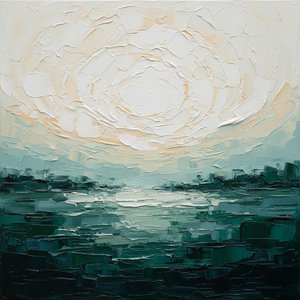 Ethereal Radiance Over Deep Teal Tides In A Sculptural Impasto Masterpiece — David Moreau