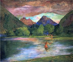 The Entrance To Tautira River, Tahiti. Fisherman Spearing A Fish — John La Farge