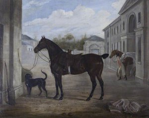 A Hunter And A Retriever Outside Shugborough Stables — William Webb