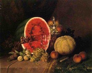 Still Life With Watermelon, Grapes, Peaches, Plums And Cantaloupe — William Mason Brown