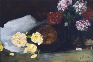 Still Life With Tea Roses, Peonies And Opera Hat — Carl Eduard Schuch